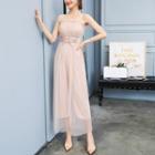Spaghetti Strap Mesh Overlay Jumpsuit