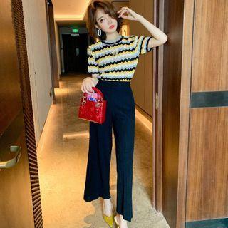 Set: Striped Short-sleeve Knit Top + Cropped Wide-leg Pants