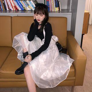 Long-sleeve Plain T-shirt / Sleeveless Sheer Pinafore Dress