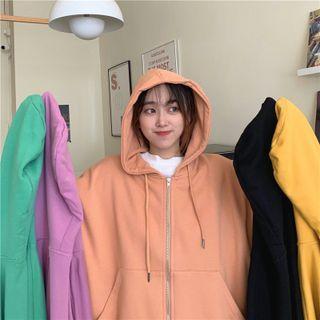 Plain Loose-fit Hooded Zip Jacket