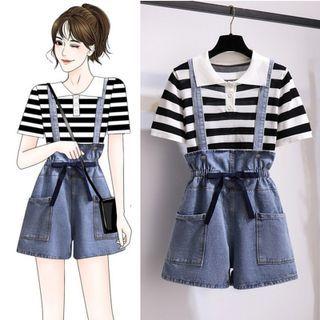 Short-sleeve Striped T-shirt / Denim Jumper Shorts / Set