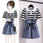 Short-sleeve Striped T-shirt / Denim Jumper Shorts / Set