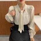 Long-sleeve Tie-neck Reversible Blouse Almond - One Size