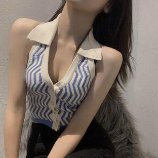 Sleeveless Collared Patterned Single-breasted Knit Top Blue & White - One Size