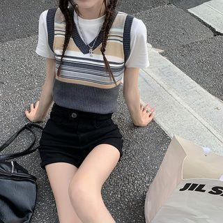 Striped Sweater Vest / Denim Hot Pants