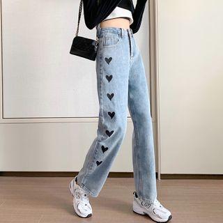 Heart Pattern Embroidered High-waist Straight Cut Jeans