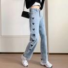 Heart Pattern Embroidered High-waist Straight Cut Jeans