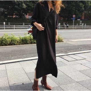 Long-sleeve V-neck Plain Dress Black - One Size