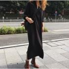 Long-sleeve V-neck Plain Dress Black - One Size