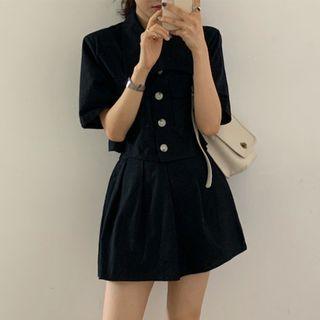 Set: Short-sleeve Pocket Detail Shirt + Mini A-line Skirt