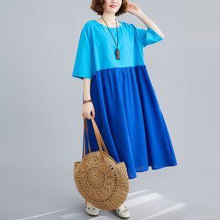 Elbow-sleeve Two-tone Midi A-line Dress Sky Blue - One Size