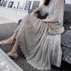 Elbow-sleeve Sequined Mesh Midi Dress