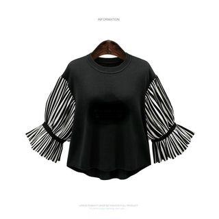 Striped Elbow-sleeve Panel Top