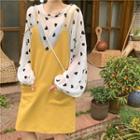 Lantern-sleeve Heart Print Top / Midi Pinafore Dress