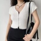 Cropped Fluffy Velvet Zip V-neck Short-sleeve Knit Top