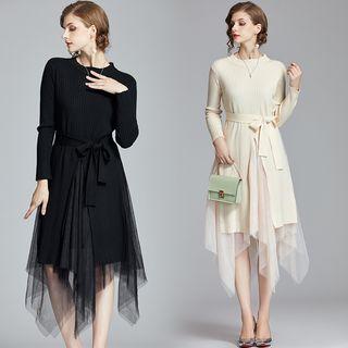 Set: Ribbed Long-sleeve Knit Top + Mesh A-line Skirt