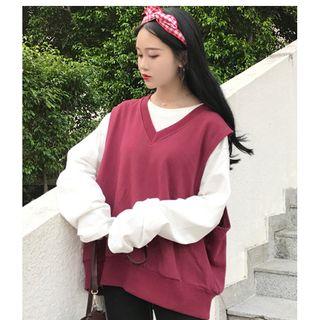 Plain Long-sleeve T-shirt / V-neck Vest