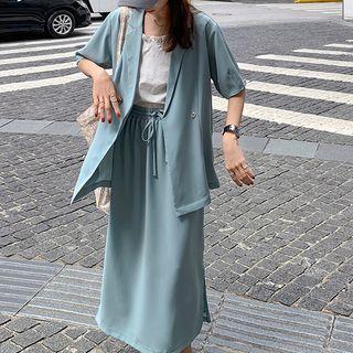 Short-sleeve Blazer / Drawstring-waist Slit Midi A-line Skirt
