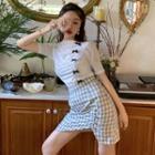 Short-sleeve Bow T-shirt / Mini A-line Skirt