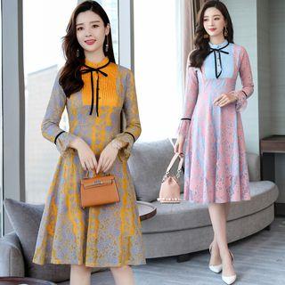 Long-sleeve Pleated Panel Midi A-line Lace Dress