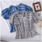Short-sleeve Leaf Print Lace Embroidered Blouse