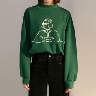 Cartoon Print Mock-neck Pullover
