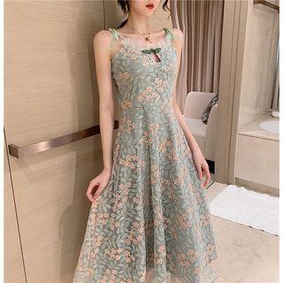 Spaghetti-strap Floral Embroidered Midi Dress