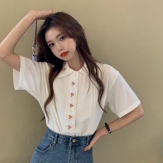 Flower Embroidered Short-sleeve Top White - One Size
