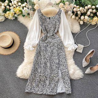 Puff-sleeve Leopard Print A-line Dress