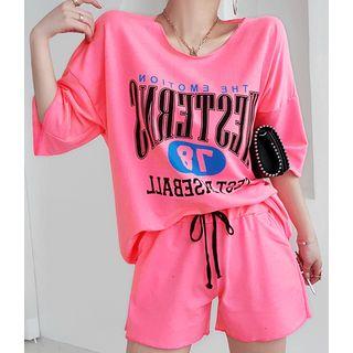 Set: Elbow-sleeve Letter Print T-shirt + Sweat Shorts