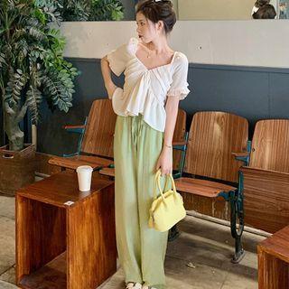 Short-sleeve Ruffle Trim Blouse / Plain Drawstring Wide Leg Pants
