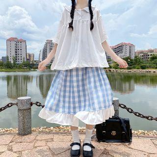 Short-sleeve Shirt / Ruffled Midi Gingham A-line Skirt