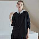 Pleated-collar Shirred-sleeve Blouse