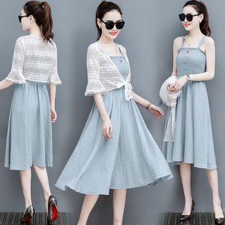 Set: Sleeveless Smocked A-line Dress + Lace Cropped Cardigan