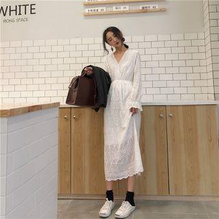 Embroidered Long-sleeve Midi Chiffon Dress