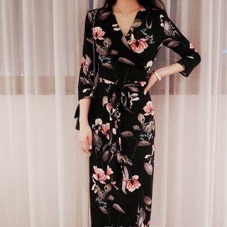 3/4-sleeve Print Maxi Sheath Dress