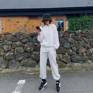 Fleece-lined Sweatshirt & Sweatpants Set Melange White - One Size