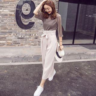 Set: 3/4-sleeve Sheer Top + Tie-waist Cropped Wide Leg Pants