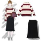 Striped Round Neck Sweater / Turtleneck Sweater / Midi Knit Skirt