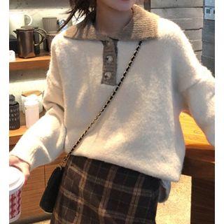 Contrast Collared Buttoned Knit Top
