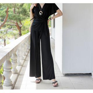 Set: Dolman-sleeve Wrap Top + Wide-leg Pants