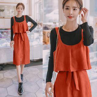 Set: Long-sleeve T-shirt + Bow-tied Suspender Dress