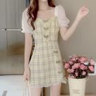 Short-sleeve Check Panel Bow-accent Dress