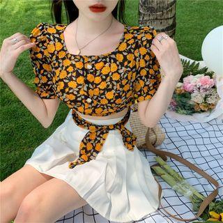 Balloon-sleeve Floral Print A-line Dress / Cropped Blouse