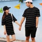 Couple Matching Set: Striped Short-sleeve T-shirt + Mini Skirt / Short-sleeve T-shirt / Plain Shorts
