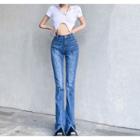 High-waist Front-split Washed Jeans