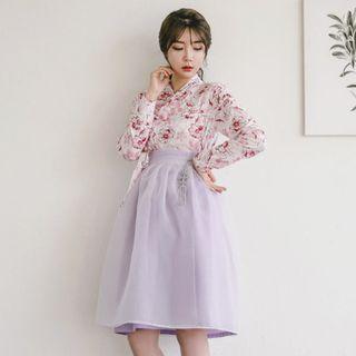 Set: Hanbok Top (floral / Wine Red) + Skirt (midi / Purple)