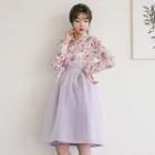Set: Hanbok Top (floral / Wine Red) + Skirt (midi / Purple)