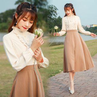 Long-sleeve Embroidered Frill Trim A-line Midi Dress