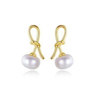Sterling Silver Plated Gold Simple Fashion Geometric Knotted Imitation Pearl Stud Earrings Golden - One Size